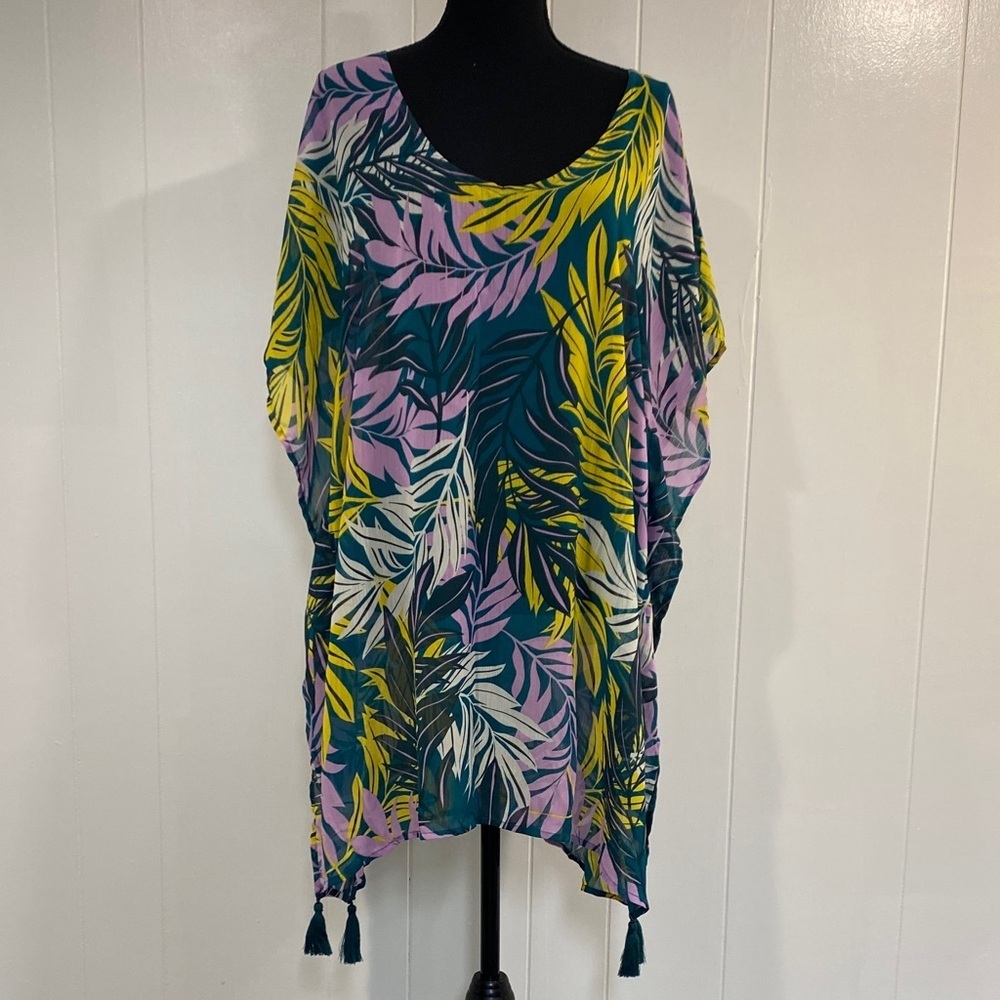 Swim Cover Up Kaftan Tropical Tassel Beach Resort Vacation Teal Lavender XL XXL